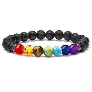 Chakra Stretchy Bead Bracelet With Gemstone And Black Lava Stone Unisex Jewelry
